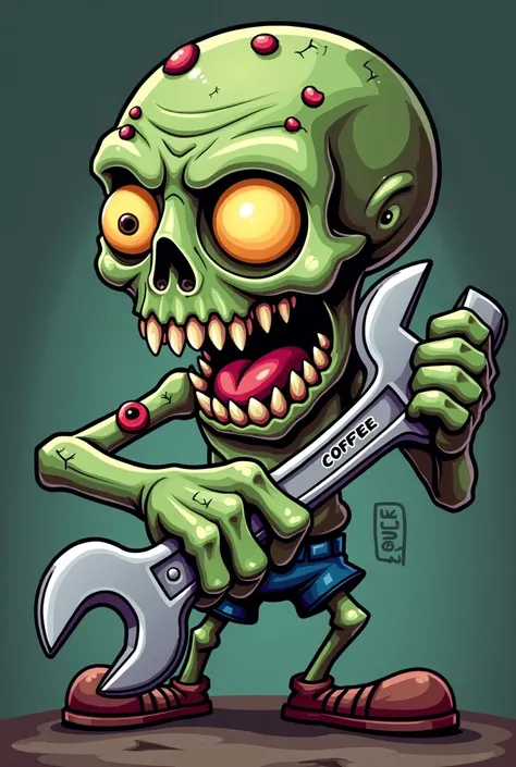 a cartoon zombie hand holding a wrench with its claws, concept art by Dechko Uzunov, deviantart, shock art, wrench, zombie arms out in front, rat fink style, full color digital illustration, holding a wrench, an ork, alex pardee, ork, grotty, monster desig...