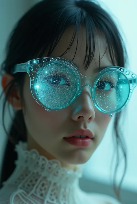  The model wears glass sunglasses,  which depict stars and the moon 