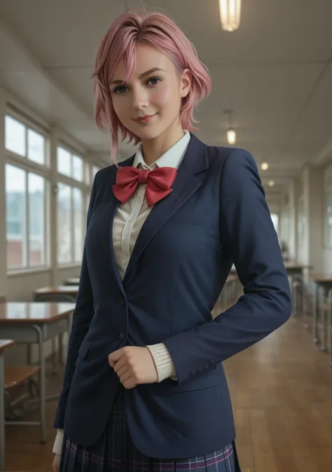 score_9, score_8_up, score_7_up, source_anime, 1girl, solo, looking at viewer, blurred background, cowboy shot, light smile, interior, aira shiratori, pink hair, short hair, pink eyes, school uniform, blue blazer, white collared shirt, red bow tie, long sl...