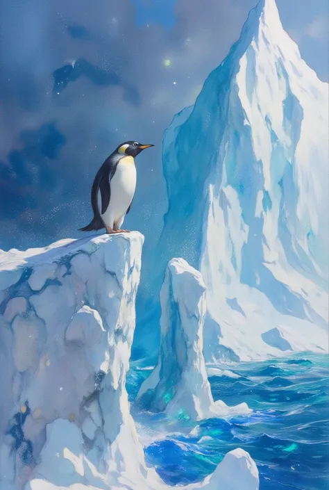 ultra detailed, absolutely resolution, masterpiece. 
fusion of watercolor, acrylic and collage, conceptual installation art, various iridescent effects. 
A penguin is too scared to jump off an iceberg into the ocean.
extremely delicate depiction, extremely...