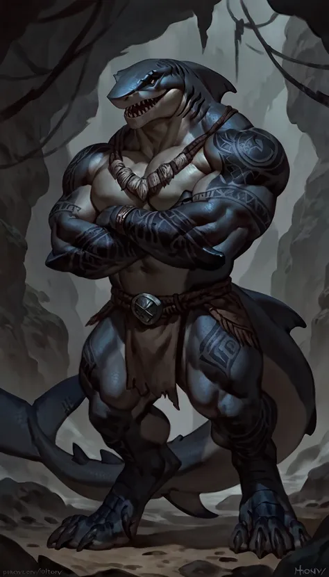 sharkman, anthro megalodon, darker hands and fins, black back, solo, big arms, bara, detailed skin, lizard shark hybrid, anthro, closed mouth, tribal polynesian tattoos, detailed shark skin, scalie arms, fins on arms, gray color body, beefy, thick scales o...