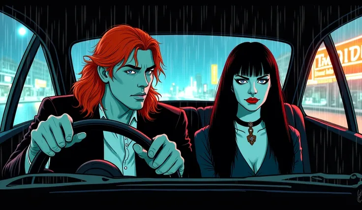 A gritty, noir-style illustration inspired by James O’Barr, depicting a tense scene inside a moving car at night. The driver, a man with long red hair and piercing blue eyes, grips the wheel with an intense focus, his face partially illuminated by the dim ...