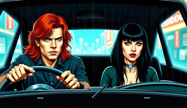 A gritty, noir-style illustration inspired by James O’Barr, depicting a tense scene inside a moving car at night. The driver, a man with long red hair and piercing blue eyes, grips the wheel with an intense focus, his face partially illuminated by the dim ...