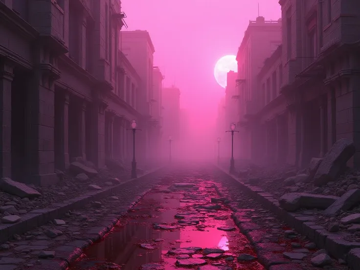 A desolate and destroyed cityscape under a foggy magenta sky. Once vibrant stone buildings are now reduced to jagged rubble, with fragments of walls and shattered columns scattered across a blood-streaked cobblestone street. The air is thick with dust and ...