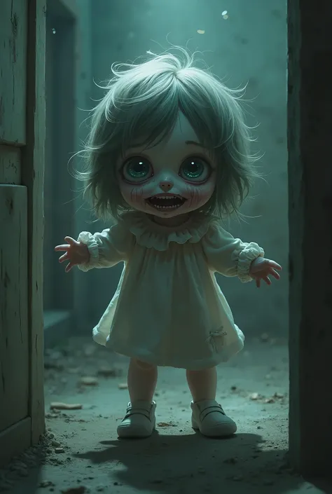  almost being napped 、 an adorable yet creepy character that desperately resists 。 The character is a  、 wears cute clothes but 、 an eerie expression floats on her face 、 sharp teeth are visible 、 has an atmosphere mixed with innocence and fear {x} It's th...