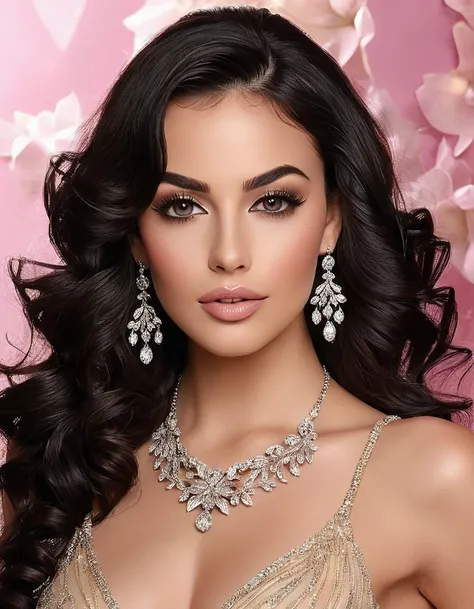 A stunning, real photography of a glamorous and celestial and heavenly and elegant and beautiful and mysterious sensual woman with perfectly symmetrical features, deep almond-shaped eyes with dramatic smoky thick and bold eyeshadow and shimmer, long curled...