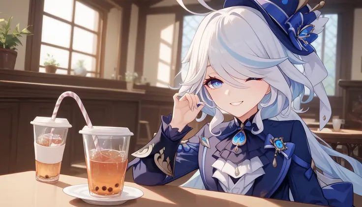  play the character Furina at a table drinking tea. It's nighttime and she's smiling 