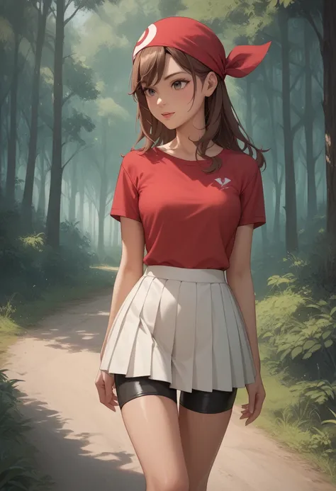 ( masterpiece,  Better quality:1.2), 1 ,  alone,  red shirt,  pretty face, red bandana,   brown hair ,  black sports shorts , White skirt, tiro de cowboy,  forest, path