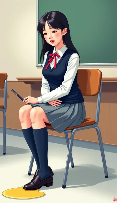 white shirt and dark blue vest , red ribbon on the chest gray pleated skirt, dark blue high socks with black loafers , black hair long hair,Neat Korean girl ,教室の椅子に座ったままUrinary incontinence, Make a transparent puddle of water like a thin lemon juice under ...