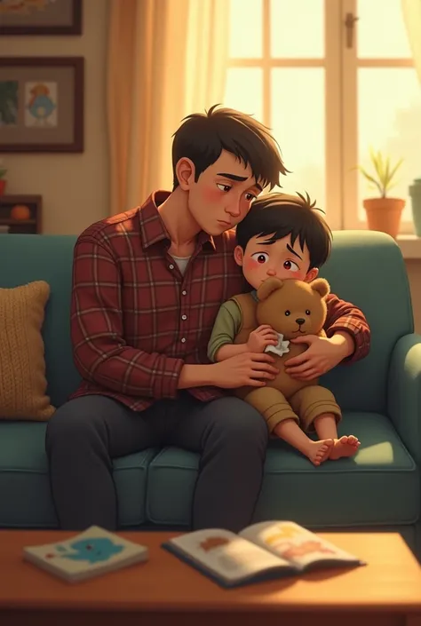 **"A tender emotional moment: A young boy () with tearful red eyes, hugging a worn teddy bear, sits curled up on a faded blue couch in a cozy living room bathed in warm golden sunlight. His caring father (mid-30s, gentle expression, plaid shirt) leans clos...