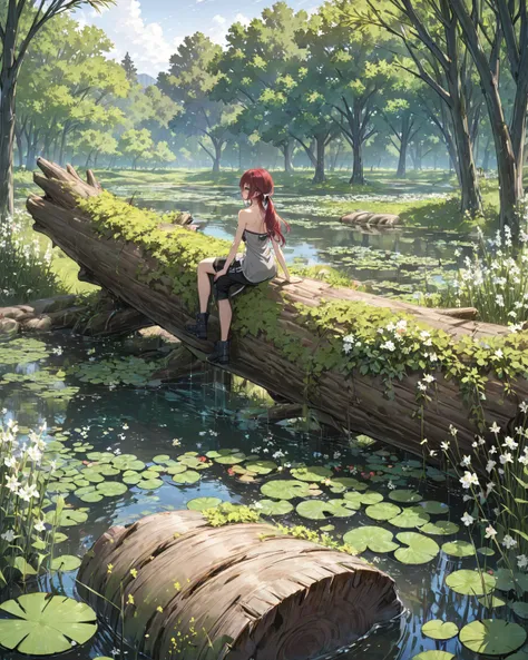 score_9, score_8_up, score_7_up, 1girl, solo, close up, back view, climbing up large fallen log, ((long hair in low twin tails)), gray eyes, dark red hair,  (((long swept bangs))), thin, close up, small breasts, (((strapless))), ((strapless loose sleeveles...