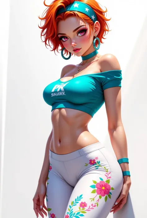 featuring a young woman with a playful, confident expression. She has a fair skin tone, short, tousled orange hair with blue streaks, and striking pink eyes. She is dressed in a vibrant, 1980s-inspired workout outfit, consisting of a teal, off-the-shoulder...