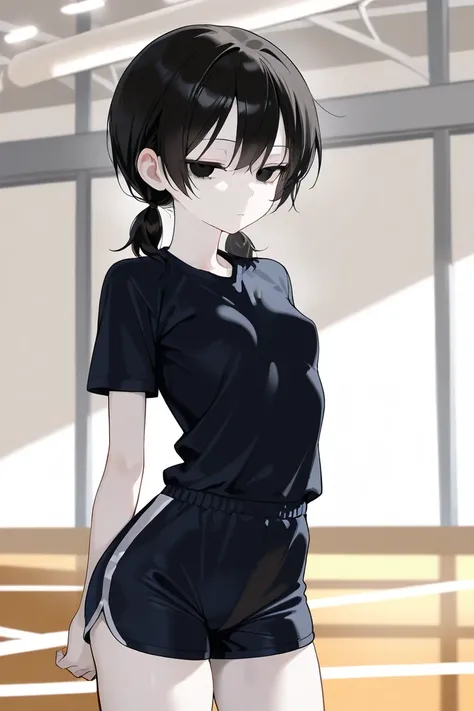 cute girl, asian beauty, (solo), (1girl), (alone), black t shirt, black shorts, wide hips, small perky breasts, skinny body, black hair, asian, short twintails, low twintails, black eyes, (pale skin), looking at viewer, (emotionless face), half closed eyes...