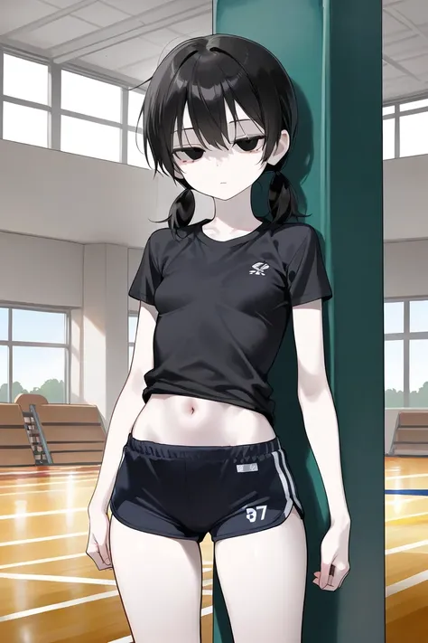 cute girl, asian beauty, (solo), (1girl), (alone), black t shirt, black shorts, wide hips, small perky breasts, skinny body, black hair, asian, short twintails, low twintails, black eyes, (pale skin), looking at viewer, (emotionless face), half closed eyes...