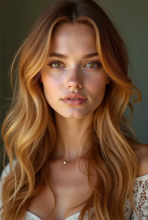  a woman of medium height , 22 years old, 
 with long, coppery blonde hair .  Your skin is an intermediate shade ,  neither too bright nor too dark . Your face features a thin nose ,  medium sized lips and arched eyebrows of medium thickness.  Your eyes ar...