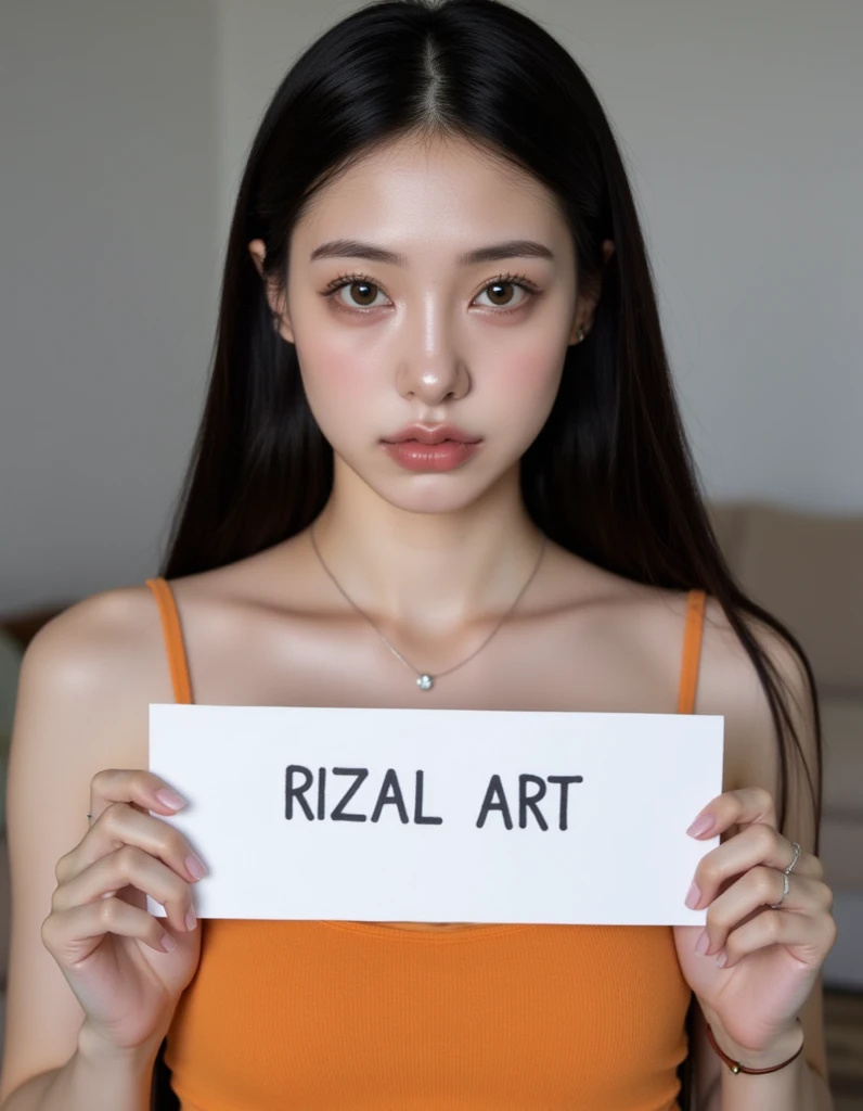 The image is a portrait of a young Asian woman with long dark hair. She is wearing a orange tank top and a necklace. The woman is holding a white paper with the word "RIZAL ART" written on it in black letters. She has a serious expression on her face and i...