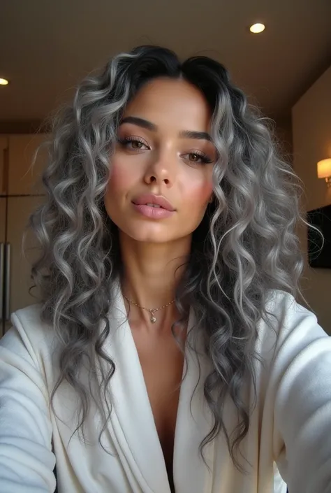 Extremely photorealistic beautiful youthful looking Filipino version of Ariana Grande a sexy beautiful youthful looking Asian as a 50 years old wom an supermodel long curly comple tely gray ha ir in a big curls styles her graying hair complements her matur...