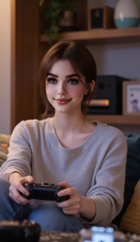 This character playing video games, smiling