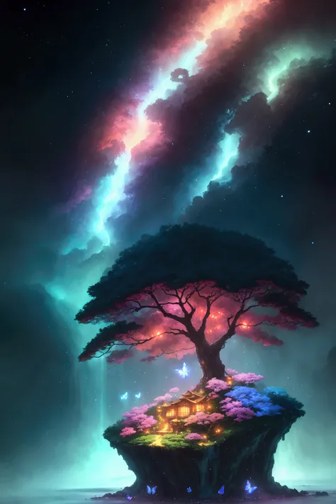 Viral anime nature wallpaper in 4K quality, in the style of digital illustration inspired by Satoshi Kon, depicting a dreamlike garden with floating islands, waterfalls cascading down, and glowing butterflies; surreal and vibrant color temperature, cosmos ...