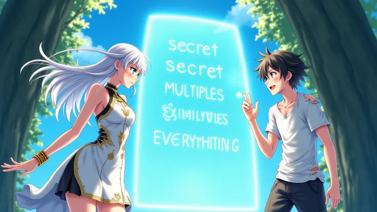 The anime style is an illustration .  Two characters — a young man and a spectacular woman — interact through a magic screen with mysterious inscriptions.  The scene conveys the feeling of an important discovery or an unexpected plot twist .

 Characters :...