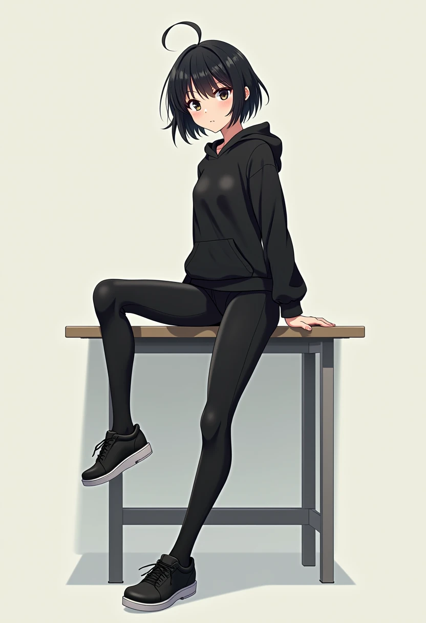  Generate an image of an anime-style girl with short black hair of 1,60 in tight black clothes .  With one foot on the table and the other on the floor  