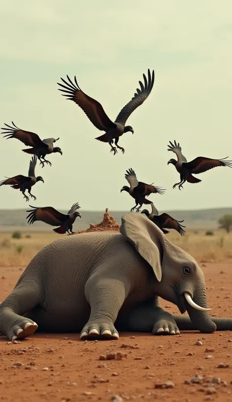 "A cinematic shot of a group of vultures gathering around a fallen elephant, symbolizing the balance of nature."