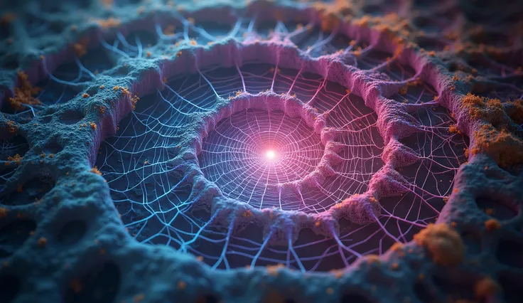 Intricate colored lattice structure, spiral web design, photorealistic render, ethereal atmosphere, fantasy art, detailed texture, high contrast, cinematic lighting, 8K resolution