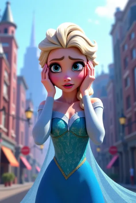 Elsa very pretty ,dressed in blue dress ,with big breasts and a braid. with a scared face and hands on her head . in a city. 3D DreamWorks Style 