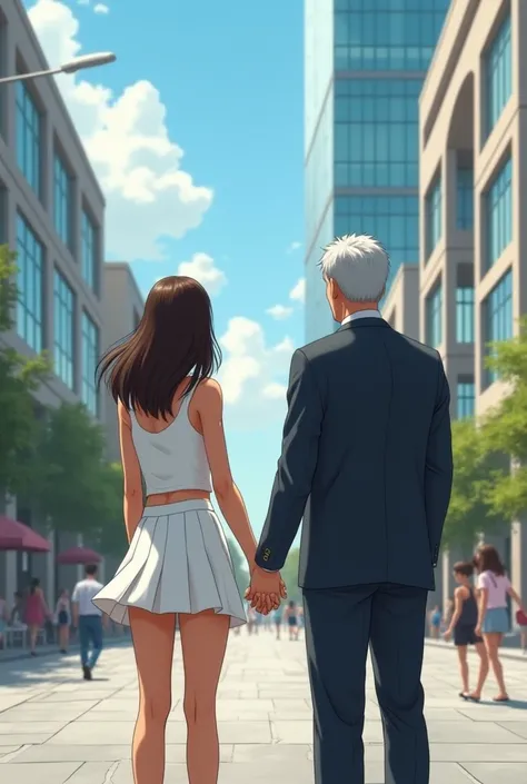 Girl in tennis skirt standing in front of a shopping mall, holding hands with an older man. 