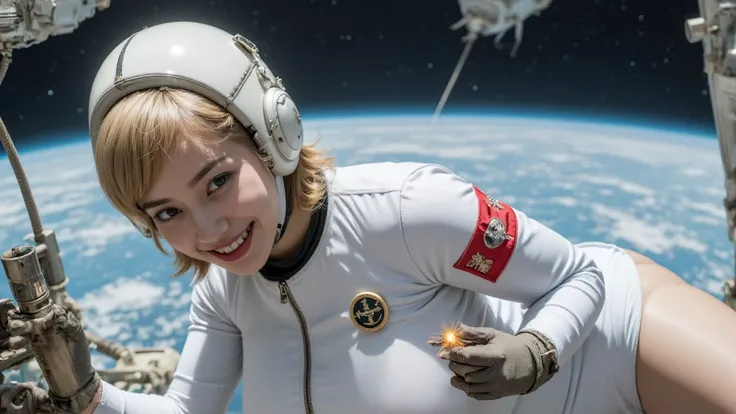 A woman from the 50s ,  with a white cosmonaut costume with a retrofuturistic design and patches showing space mission emblems,  she is floating in the vacuum of space while making repairs on a spaceship .  Her helmet has a reflective gold visor and shiny ...