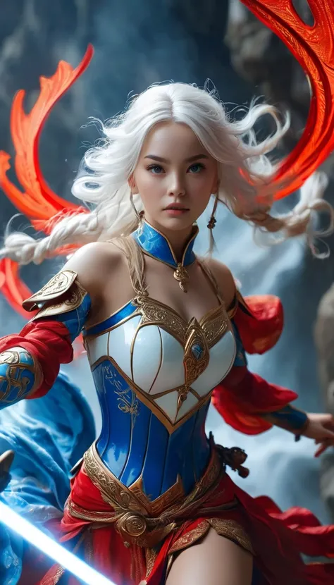 a woman with long white hair, wearing a blue and red costume, performing a powerful attack move, electric raytracing movement, island with stone finish and porcelain pottery, phoenician theme, volumetric lighting, cinematic composition, highly detailed, 8k...