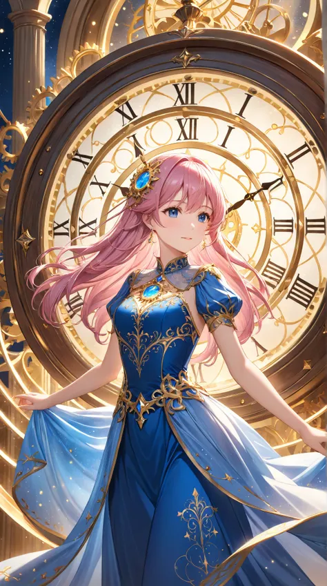 "Upper body close-up, masterpiece, A stunning fantasy-style girl, long pink hair, wearing a knight-inspired blue and gold dress with ornate clockwork embroidery, standing before a massive enchanted clock, her hands interacting with the glowing clock hands,...