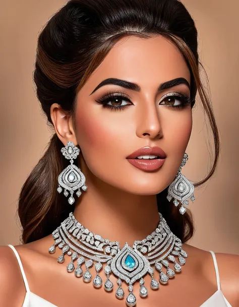 a woman with a necklace and earrings on her neck, a digital rendering inspired by Farid Mansour, instagram, hurufiyya, sexy face with full makeup, tanned ameera al taweel, thick fancy makeup, jaw-dropping beauty, arab ameera al taweel, beautiful arab woman...