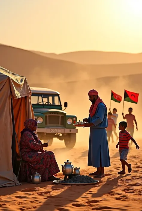 The image depicts a traditional scene from life in Western Sahara, set in an arid desert landscape. In the foreground, a Sahrawi woman is dressed in the traditional "melhfa," a long, flowing garment that covers her entire body, adorned with vibrant colors ...