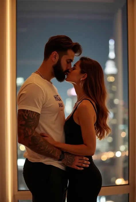 Couple kiss and hug each other in front of a large glass window that covers the entire light beige wall,  offering a panoramic view of New York at night .  The wall is smooth and in a neutral tone ,  complementing the fashion of the space . The long curtai...