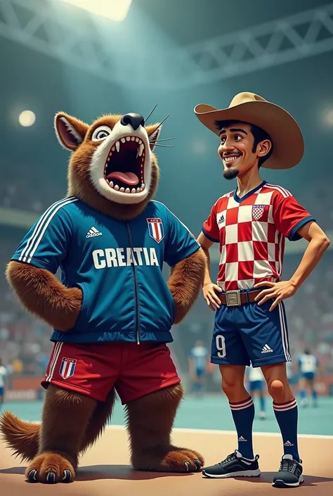 The mascot of the French national team roars how sad and crying as France lost to Croatia a handball match. Next to him should stand a cowboy in the jersey of the Croatian national team. To the left must be a cockerel