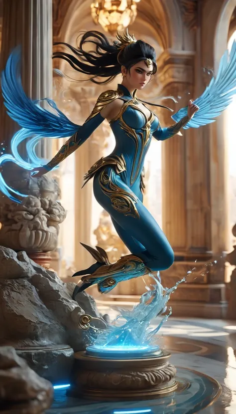 fullbody view shot, bayonetta, performing a powerful attack move, electric raytracing movement, island with stone finish and porcelain pottery, phoenician theme, volumetric lighting, cinematic composition, highly detailed, 8k, photorealistic, intricate det...