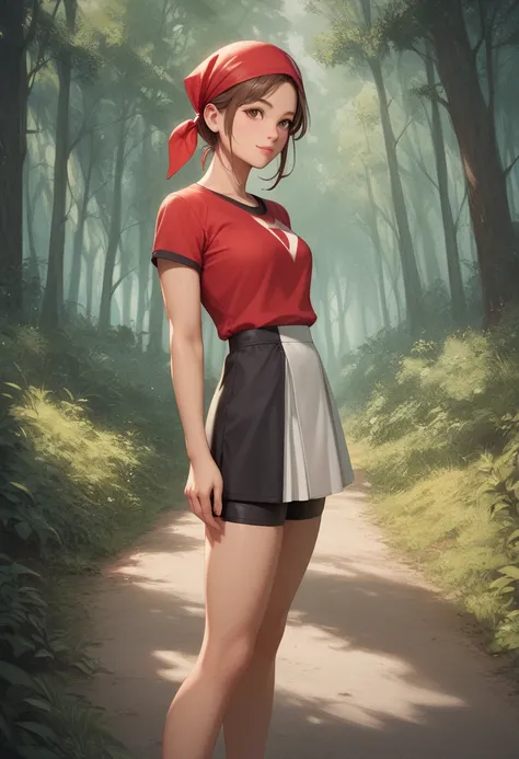 ( masterpiece,  Better quality:1.2), 1 ,  alone,  red shirt,  pretty face, red bandana,   brown hair ,  black sports shorts , White skirt, tiro de cowboy,  forest, path