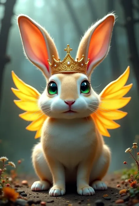 A rabbit with green eyes, big ears, two yellow wings, and a golden crown.