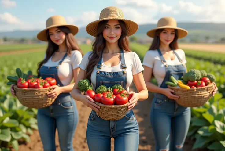 A symmetrically balanced wide angle image set of hardworking farmer girls. The scene features a lively, luscious, and shapely farmers bachelorettes with a blush and a smile, dressed in fully farmer worker outfit, shapely, holding loads of vegetables goods,...