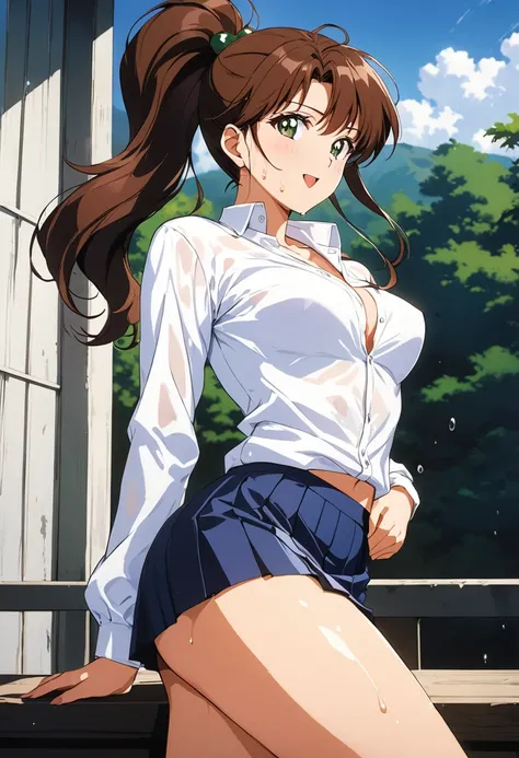 masterpiece, Best Quality, High resolution,16k,official art,super detailed skin,detailed,animated painting, (Makoto Kino),1990s \(style\),(white long-sleave shirt,mini skirt:1.2)、(E-cup beautiful breasts)、clevage, (tall:1.2),height: 170cm,Fashion model bod...