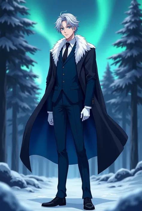  a age man with silver hair and pale blue eyes, wearing a suit in shades of blue , blacks and whites,  dark blue pants and black shoes , white gloves,  cape will have white fur on his shoulders ,  in a forest where you can see the Northern Lights .  full b...