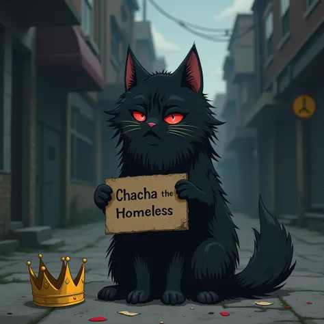 Anime style. Un chat noir triste. Il a les yeux rouge.  Une couronne en or à terre. Le chat  une pancarte avec ecrit "Chacha SDF". Le chat a les poils longs. 