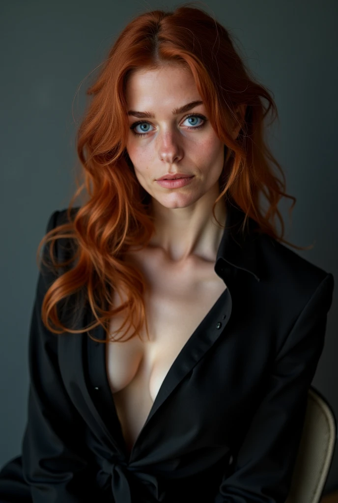 Une belle jeune femme rousse aux seins moyens et aux yeux bleus, assise sur une chaise dans un studio sobre et épuré. Elle porte uniquement un veston noir masculin ouvert, laissant son corps subtilement dévoilé. Son regard est perçant, légèrement abaissé, ...