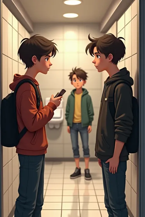 Generate a realistic image of a teenager entering the bathroom of a mall and asking two other teenagers if they found his cell phone 