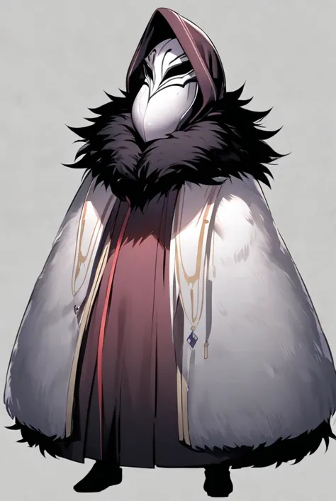  A  character who wears a mask ,  a clothing that hides the body is a bit tall, Weight idea ,  from Folha Village ,  wears a large dark fuzzy coat .