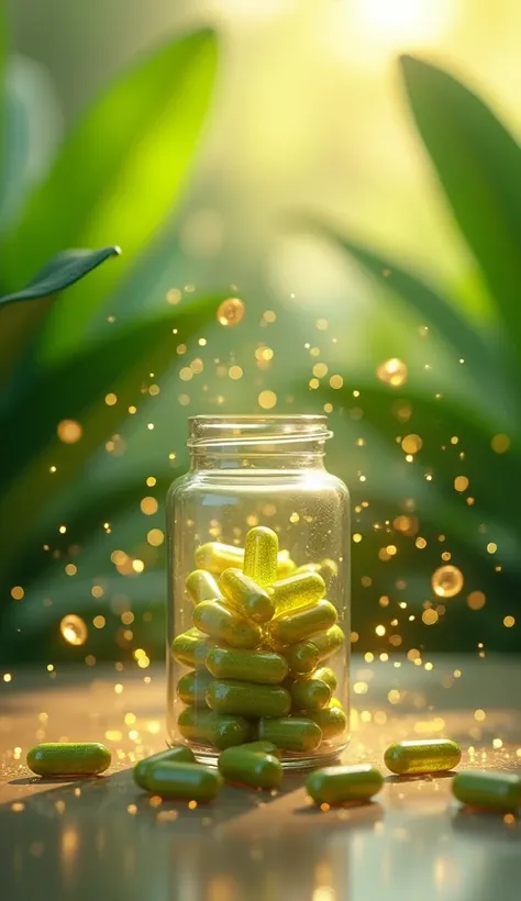 Create a 3D rendering of a close-up shot of Moringa Oleifera capsules emerging from the bottle, surrounded by glowing particles to symbolize energy and antioxidants. Add a background of fresh moringa leaves with soft sunlight, emphasizing the purity and na...