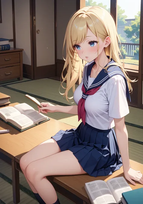 girl, slender, busty, pale skin, blonde hair, long hair , swept bangs, straight hair , blue eyes, Slanted eyes , pink beige lip, furrowed brow, parted lips,  ((blush)), looking ahead, school uniform, serafuku, pleated skirt, sailor collar, white shirt, sho...