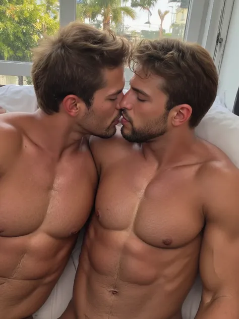 boys sharing a romantic kiss:1.7 Lying on the bed by the window the landscape of a beautiful view of the sea, seagulls soaring in the sky (with a seagull perched on a nearby rock)). the white boys are ((entangled in an embrace)) with eyes closed and lips w...