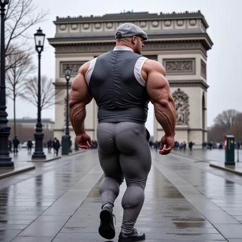 This photograph captures a man with an exceptionally muscular large physique, showcasing extremely huge exaggerated muscles, especially in his arms, legs, chest and buttocks walking away from the camera, showcasing his back in the foreground. The man is dr...